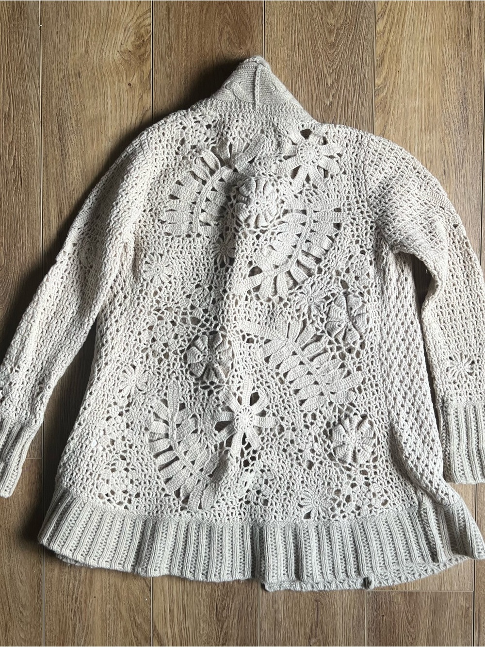 Anthropologie-Angel of the North Cream Openwork Cable Knit Shawl Collar Sweater - Picture 11 of 11
